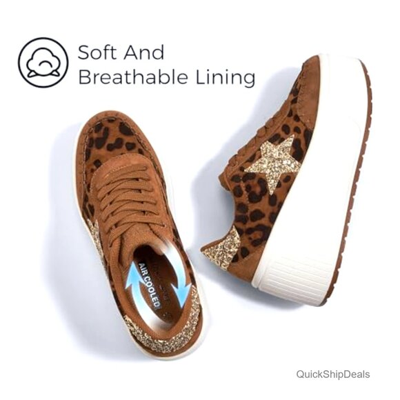 Platform Chunky Sneakers with Glitter Stars, Wedge Walking Shoes, Thick Sole - Picture 3 of 7